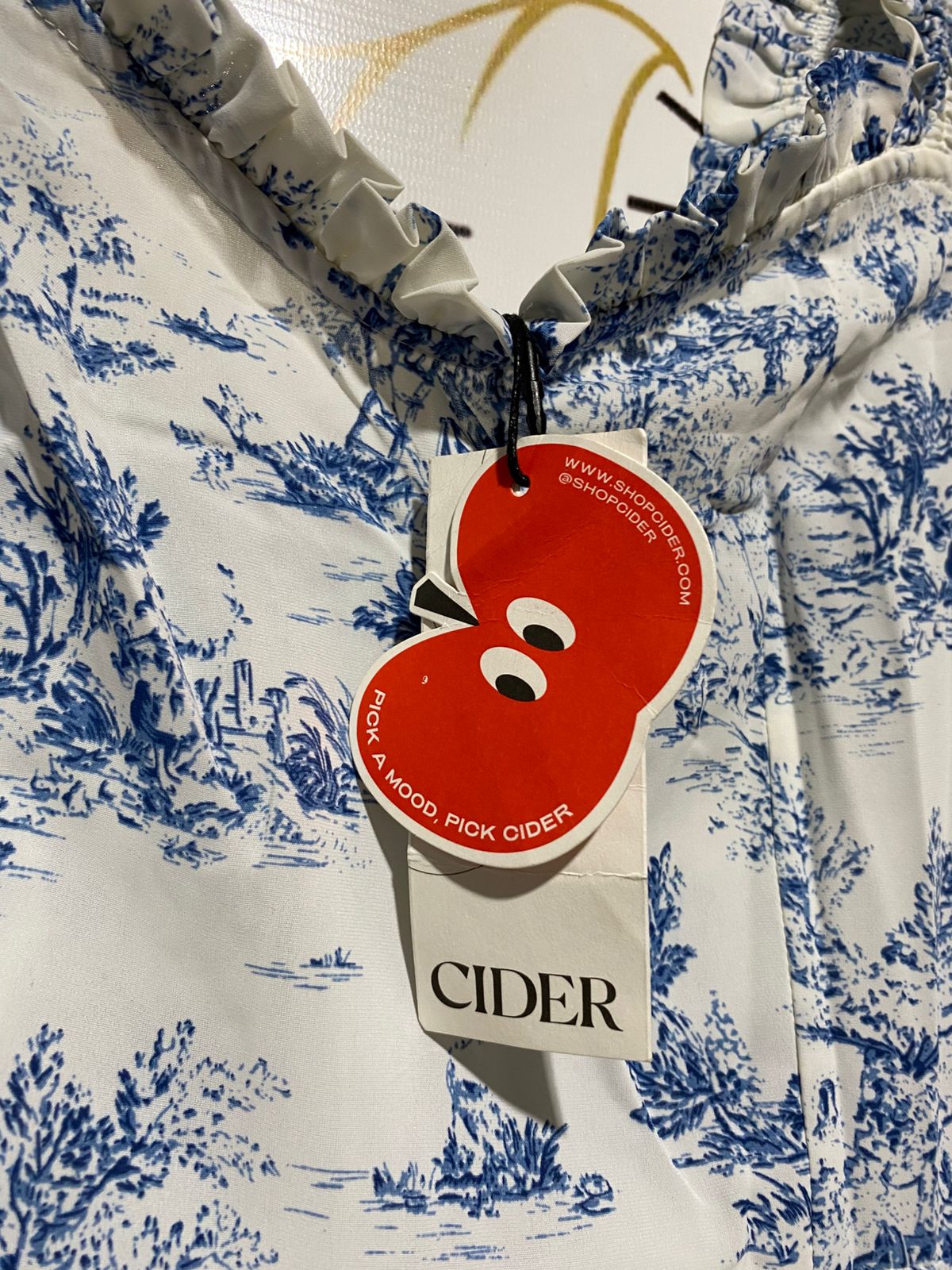 CIDER |XS| BUST 15|B12| VINTAGE-INSPIRED BLUE TOILE DE JOUY MIDI DRESS WITH RUFFLED STRAPS