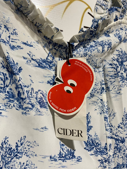 CIDER |XS| BUST 15|B12| VINTAGE-INSPIRED BLUE TOILE DE JOUY MIDI DRESS WITH RUFFLED STRAPS