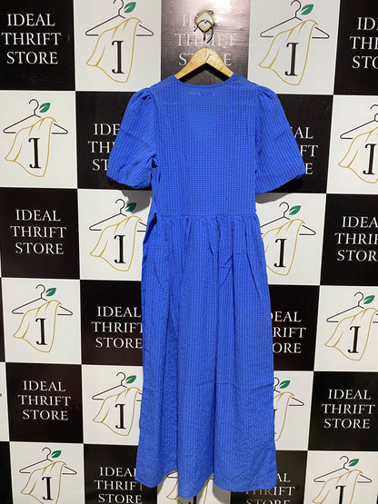 VALLEY |M| BUST 17|B10| COBALT BLUE TEXTURED SEERSUCKER MAXI DRESS WITH BUTTON FRONT