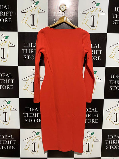 H&M |M| BUST 16| BURNT ORANGE LONG-SLEEVE BODYCON MIDI DRESS WITH SQUARE NECKLINE
