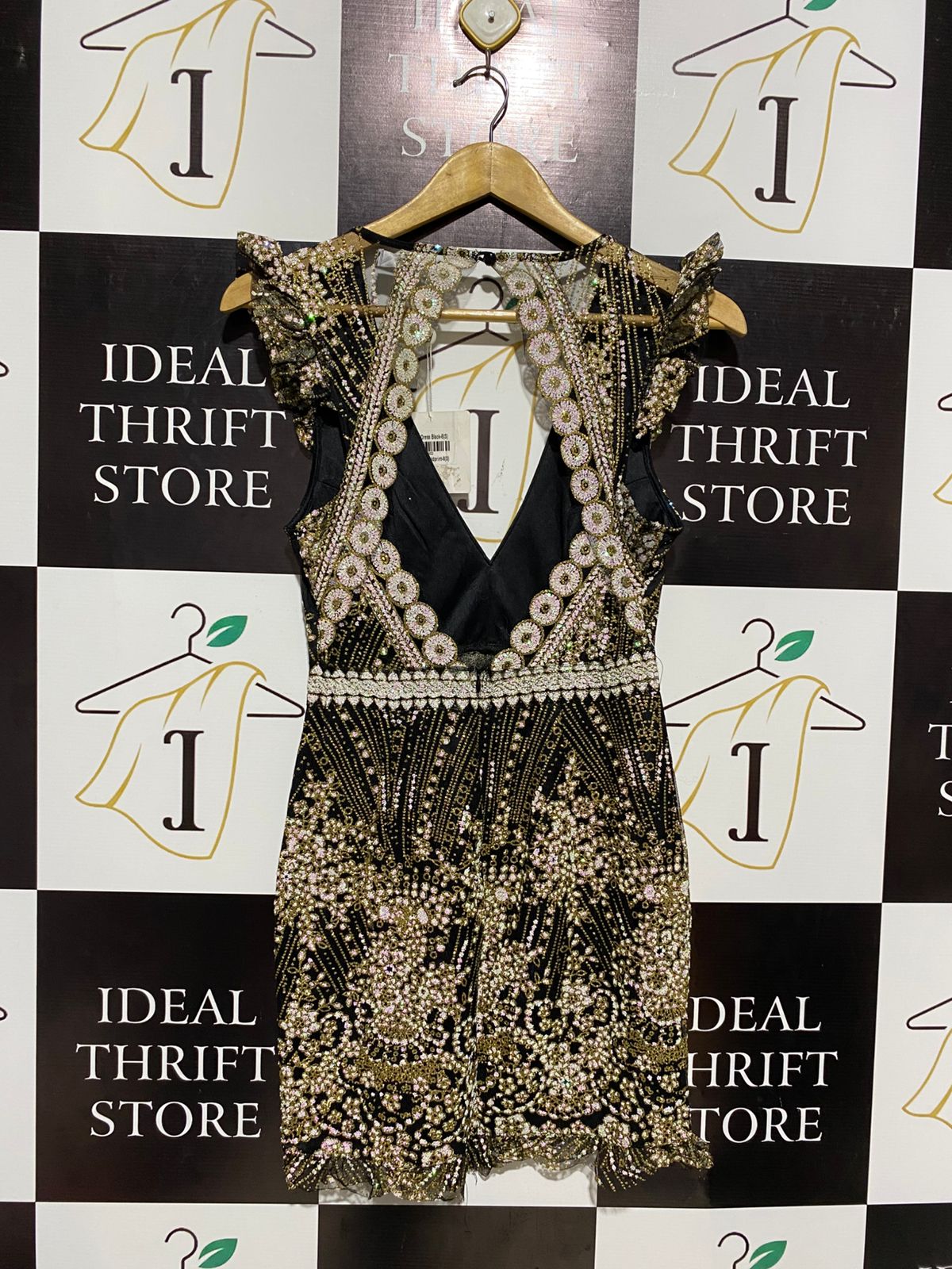 HELLO MOLLY |S| BUST 15| LUXURY BLACK AND GOLD EMBELLISHED LACE MINI DRESS WITH RUFFLED SLEEVES
