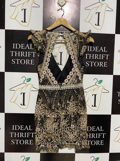 HELLO MOLLY |S| BUST 15| LUXURY BLACK AND GOLD EMBELLISHED LACE MINI DRESS WITH RUFFLED SLEEVES