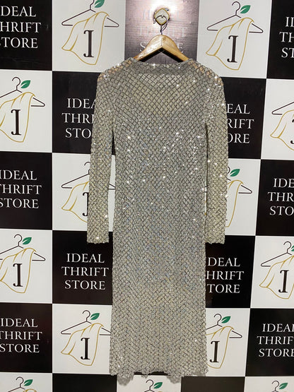 STRADIVARIUS |S| BUST 15| SOPHISTICATED SILVER SEQUIN MESH LATTICE MIDI DRESS
