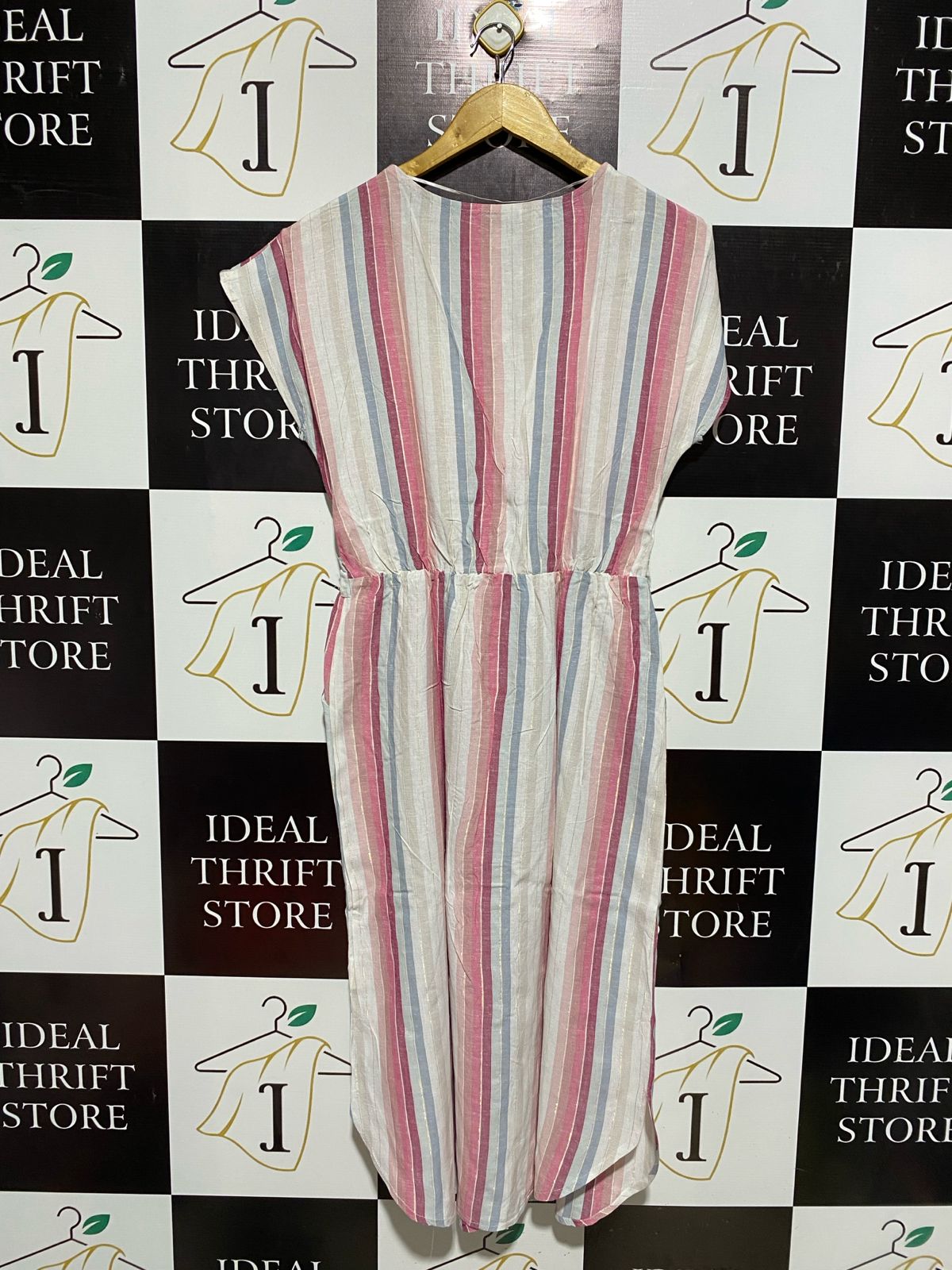 ROCKMANS |M| BUST 18| C3| MULTICOLOR CHEVRON AND VERTICAL STRIPE BUTTON-FRONT MIDI DRESS