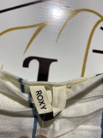 ROXY |M| BUST 16|B 10| WOMEN'S WHITE AND BLUE VERTICAL STRIPED LINEN-BLEND CAMI CROP TOP