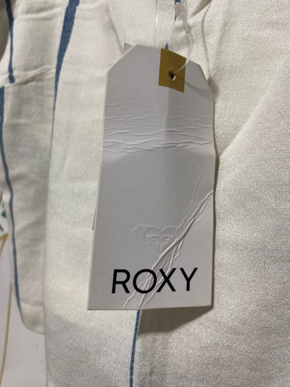 ROXY |M| BUST 16|B 10| WOMEN'S WHITE AND BLUE VERTICAL STRIPED LINEN-BLEND CAMI CROP TOP