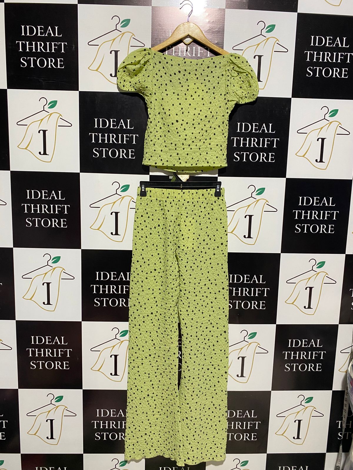 ZARA |S| LIME GREEN POLKA DOT PUFF SLEEVE CO-ORD SET