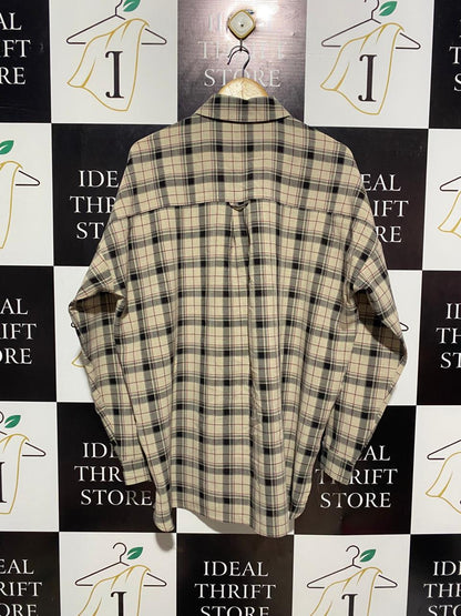 COLLUSION |L| BUST 25| UNISEX OVERSIZED FLANNEL BUTTON-DOWN SHIRT - CLASSIC TAN AND BLACK PLAID