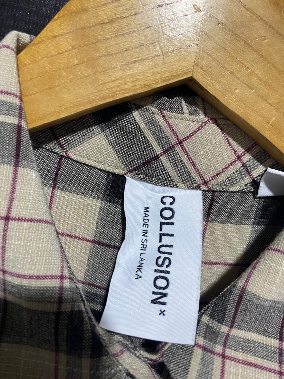 COLLUSION |L| BUST 25| UNISEX OVERSIZED FLANNEL BUTTON-DOWN SHIRT - CLASSIC TAN AND BLACK PLAID