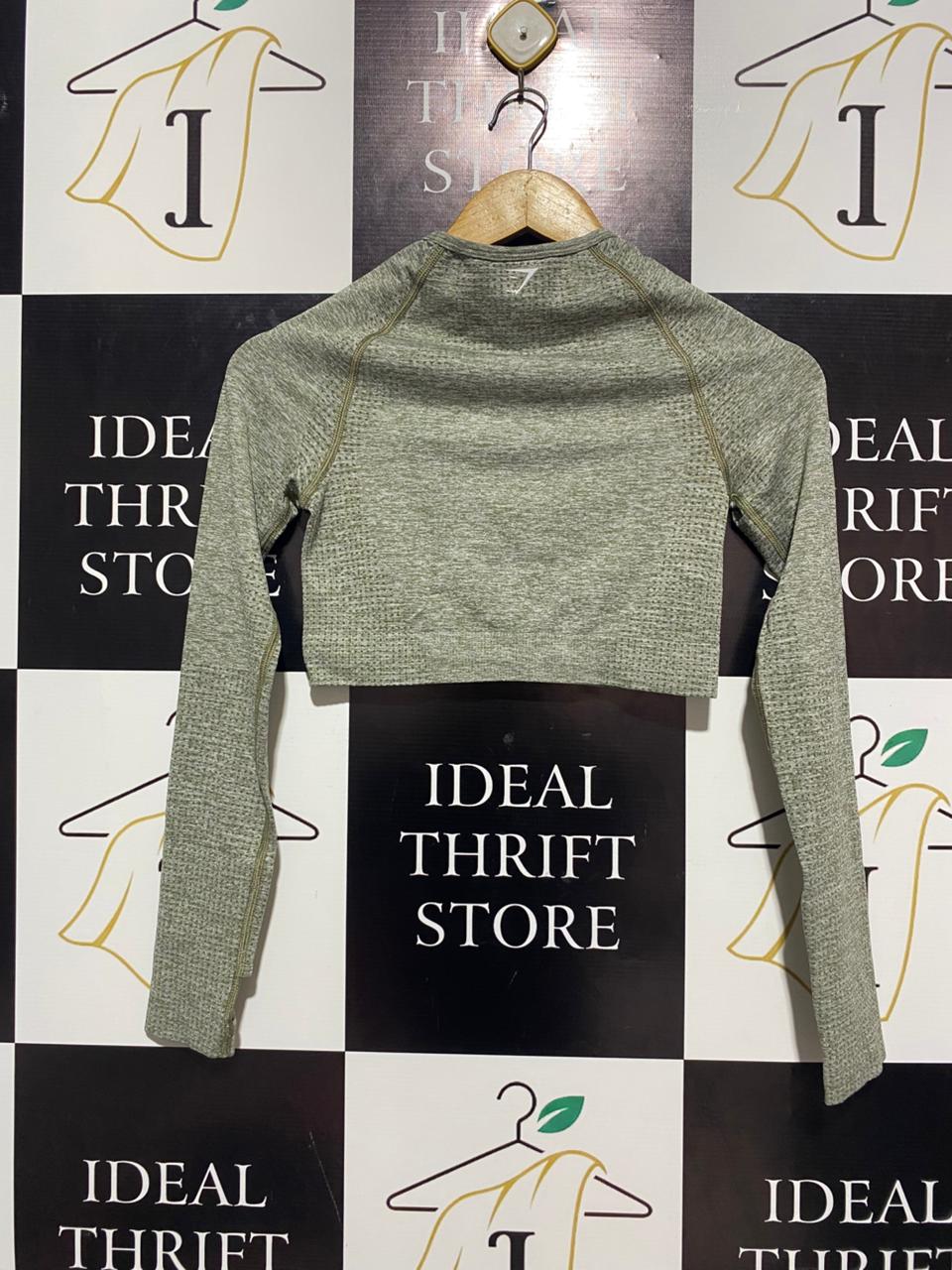 GYMSHARK |S| BUST 13| WOMEN’S SEAMLESS LONG-SLEEVE CROP TOP - MARL SAGE GREEN PERFORMANCE WEAR