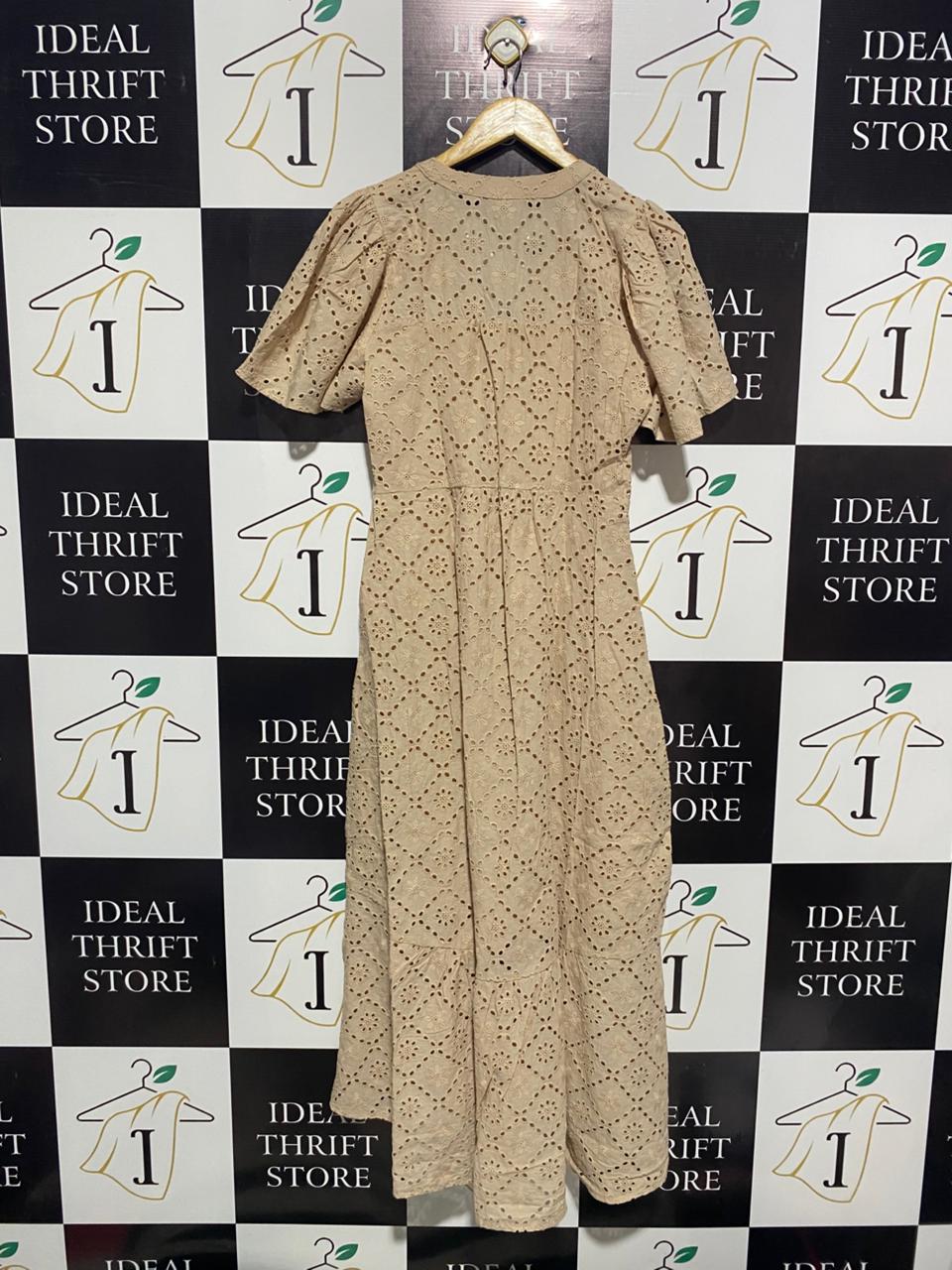 DECJUBA |M| BUST 18| WOMEN’S V-NECK EYELET LACE MIDI DRESS - ELEGANT BEIGE EMBROIDERED ANGLAISE