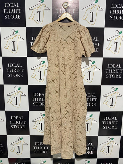 DECJUBA |M| BUST 18| WOMEN’S V-NECK EYELET LACE MIDI DRESS - ELEGANT BEIGE EMBROIDERED ANGLAISE