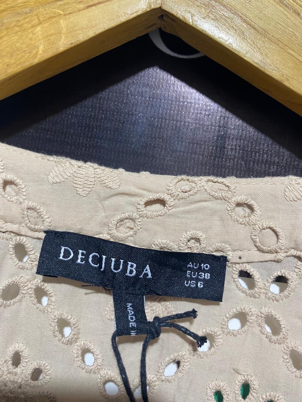 DECJUBA |M| BUST 18| WOMEN’S V-NECK EYELET LACE MIDI DRESS - ELEGANT BEIGE EMBROIDERED ANGLAISE