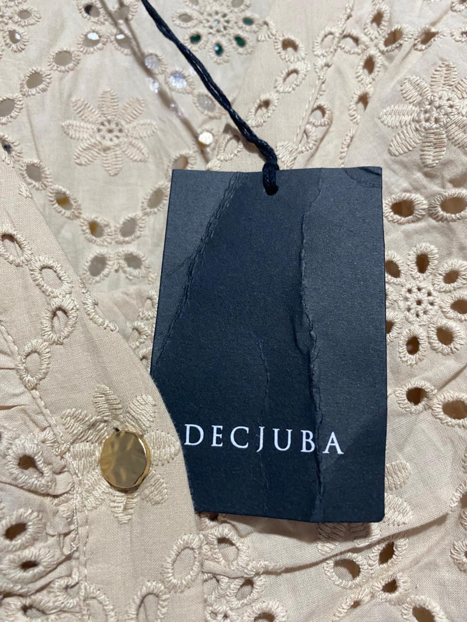 DECJUBA |M| BUST 18| WOMEN’S V-NECK EYELET LACE MIDI DRESS - ELEGANT BEIGE EMBROIDERED ANGLAISE