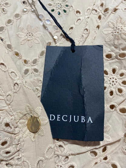 DECJUBA |M| BUST 18| WOMEN’S V-NECK EYELET LACE MIDI DRESS - ELEGANT BEIGE EMBROIDERED ANGLAISE