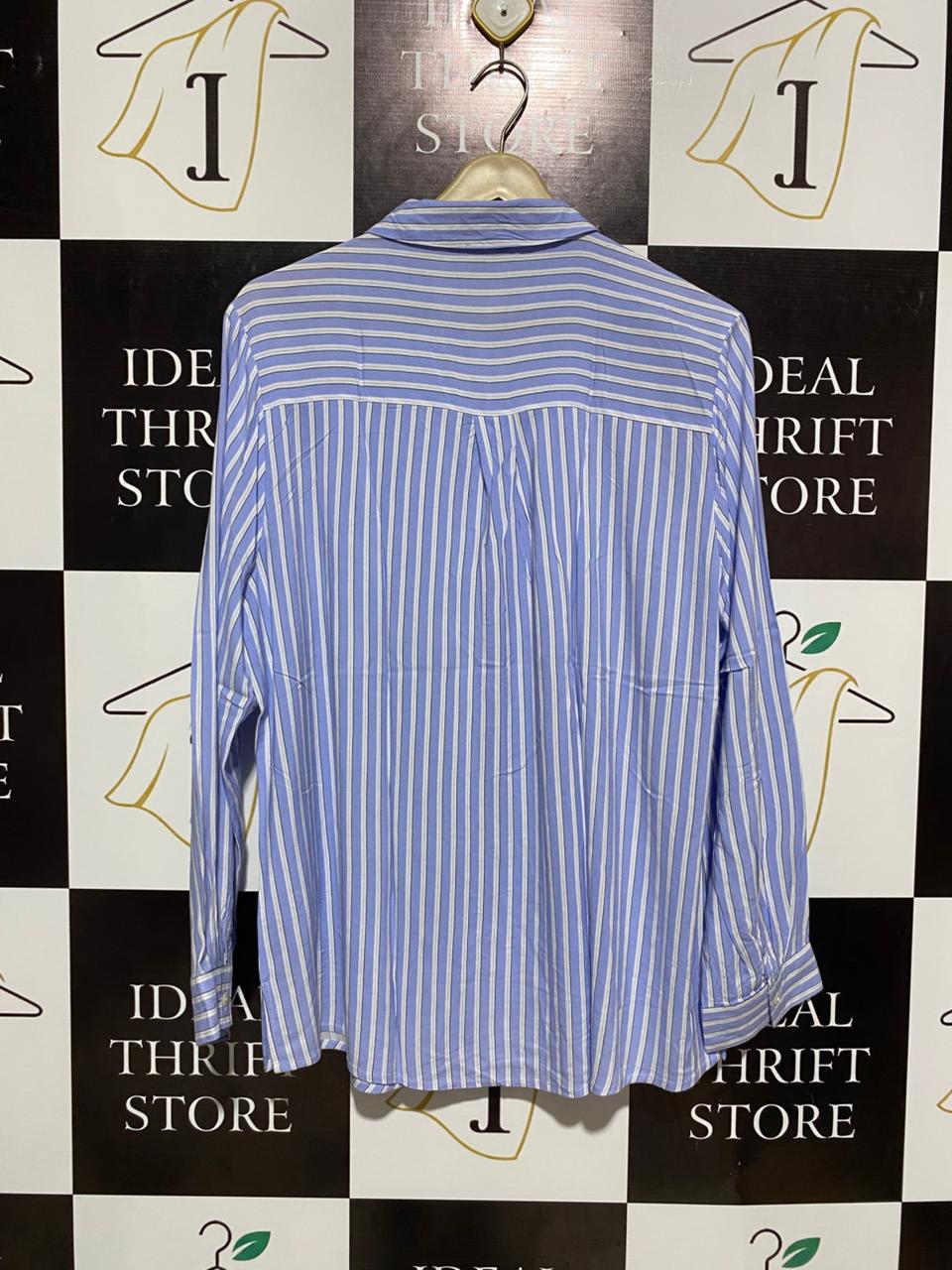 SUZANNEGRAE |XL| BUST 23| WOMEN’S LONG SLEEVE BUTTON-DOWN SHIRT - CLASSIC BLUE AND WHITE VERTICAL STRIPES