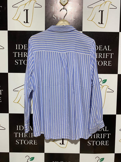 SUZANNEGRAE |XL| BUST 23| WOMEN’S LONG SLEEVE BUTTON-DOWN SHIRT - CLASSIC BLUE AND WHITE VERTICAL STRIPES