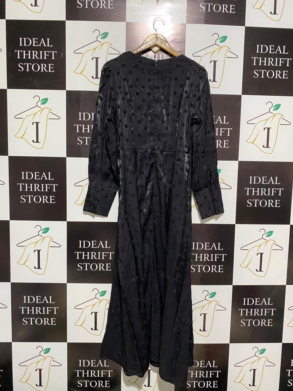 DREAM HOUSE |L| BUST 19| WOMEN’S BLACK SATIN MAXI DRESS - CLASSIC JACQUARD POLKA DOT PATTERN