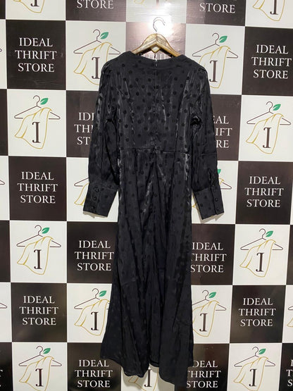 DREAM HOUSE |L| BUST 19| WOMEN’S BLACK SATIN MAXI DRESS - CLASSIC JACQUARD POLKA DOT PATTERN