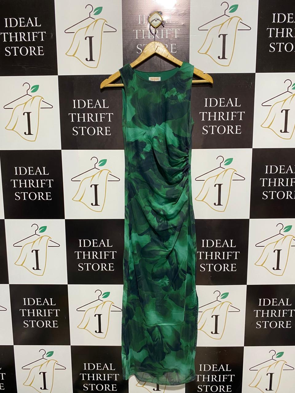 RUMOS |S| BUST 17| WOMEN’S SLEEVELESS BODYCON MIDI DRESS - VIBRANT EMERALD GREEN ABSTRACT FLORAL PRINT