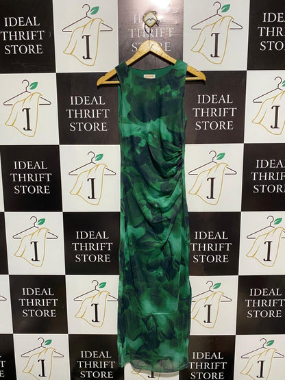 RUMOS |S| BUST 17| WOMEN’S SLEEVELESS BODYCON MIDI DRESS - VIBRANT EMERALD GREEN ABSTRACT FLORAL PRINT