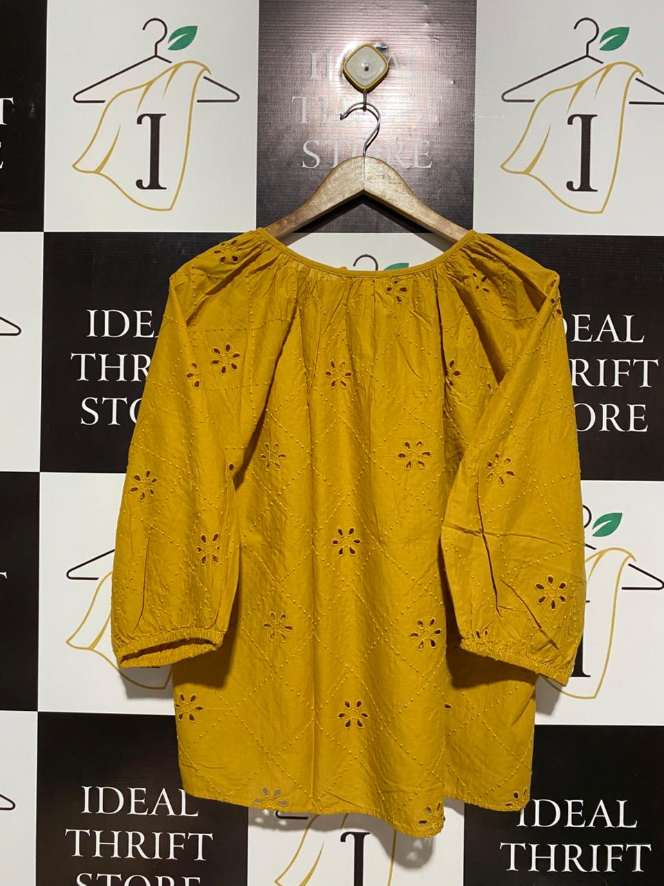ANKO |L| BUST 23| WOMEN’S VIBRANT MUSTARD YELLOW EYELET BLOUSE - ETHEREAL BRODERIE ANGLAISE TOP