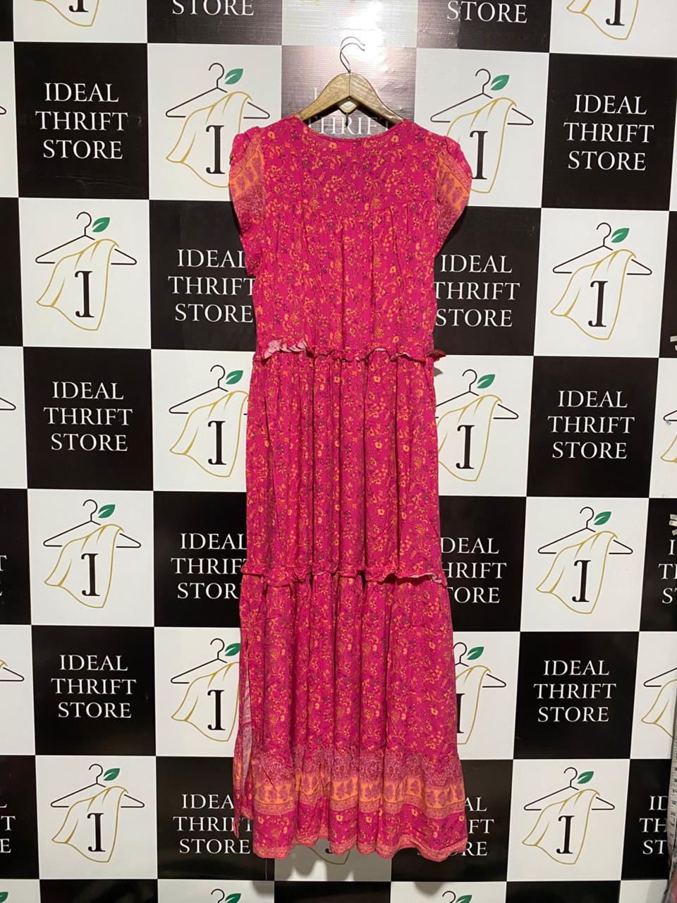 NEW U COLLECTION |M| BUST 18| C3| WOMEN’S MAGENTA FLORAL MAXI DRESS - BOLD PINK BOHO TIERED GOWN - FLUTTER SLEEVE V-NECKLINE - BUTTON-FRONT ACCENT