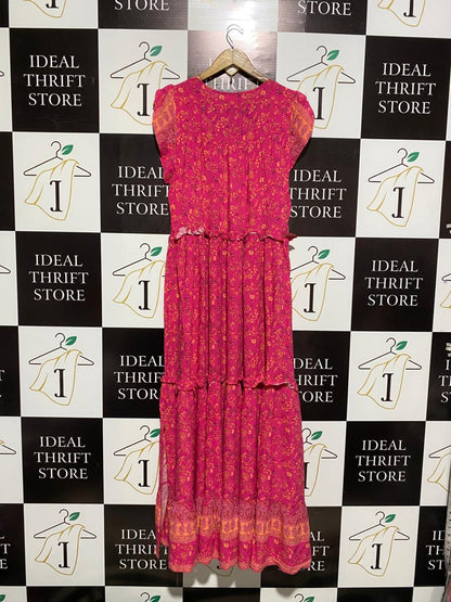 NEW U COLLECTION |M| BUST 18| C3| WOMEN’S MAGENTA FLORAL MAXI DRESS - BOLD PINK BOHO TIERED GOWN - FLUTTER SLEEVE V-NECKLINE - BUTTON-FRONT ACCENT