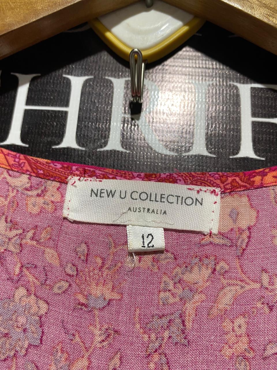 NEW U COLLECTION |M| BUST 18| C3| WOMEN’S MAGENTA FLORAL MAXI DRESS - BOLD PINK BOHO TIERED GOWN - FLUTTER SLEEVE V-NECKLINE - BUTTON-FRONT ACCENT