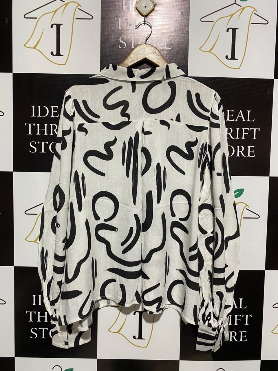 YOURS INDY |L| BUST 23| WOMEN’S ARTISTIC ABSTRACT PRINT BLOUSE - MODERN BLACK AND WHITE GRAPHIC PATTERN