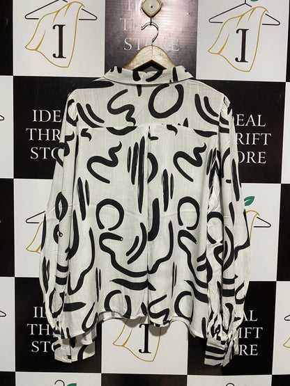YOURS INDY |L| BUST 23| WOMEN’S ARTISTIC ABSTRACT PRINT BLOUSE - MODERN BLACK AND WHITE GRAPHIC PATTERN