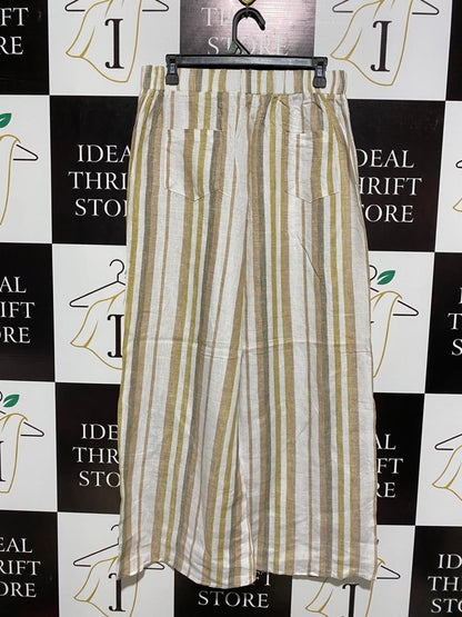 LITTLE LIES |L| WAIST 30| EARTH-TONED STRIPED LINEN-BLEND WIDE-LEG TROUSERS