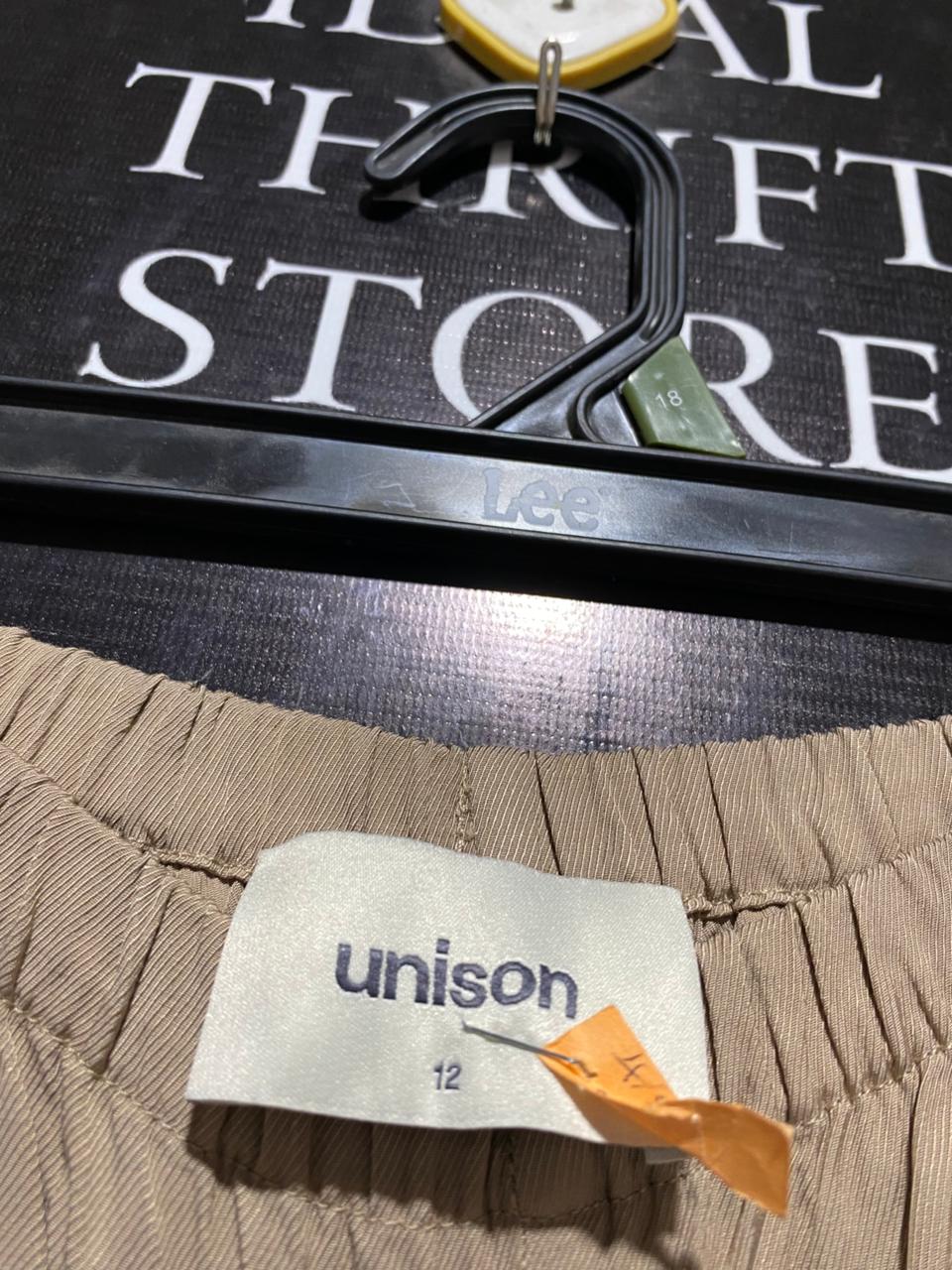 UNISON |L| WAIST 30| WOMEN’S TAUPE WIDE-LEG TROUSERS - ELEGANT SATIN-FINISH PALAZZO PANTS