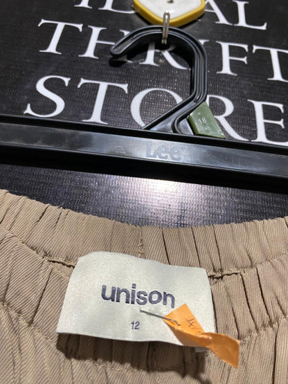 UNISON |L| WAIST 30| WOMEN’S TAUPE WIDE-LEG TROUSERS - ELEGANT SATIN-FINISH PALAZZO PANTS