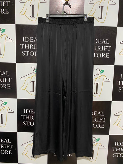 WOMEN’S BLACK WIDE-LEG SATIN TROUSERS - ELEGANT HIGH-WAISTED PALAZZO PANTS |XL| WAIST 32|