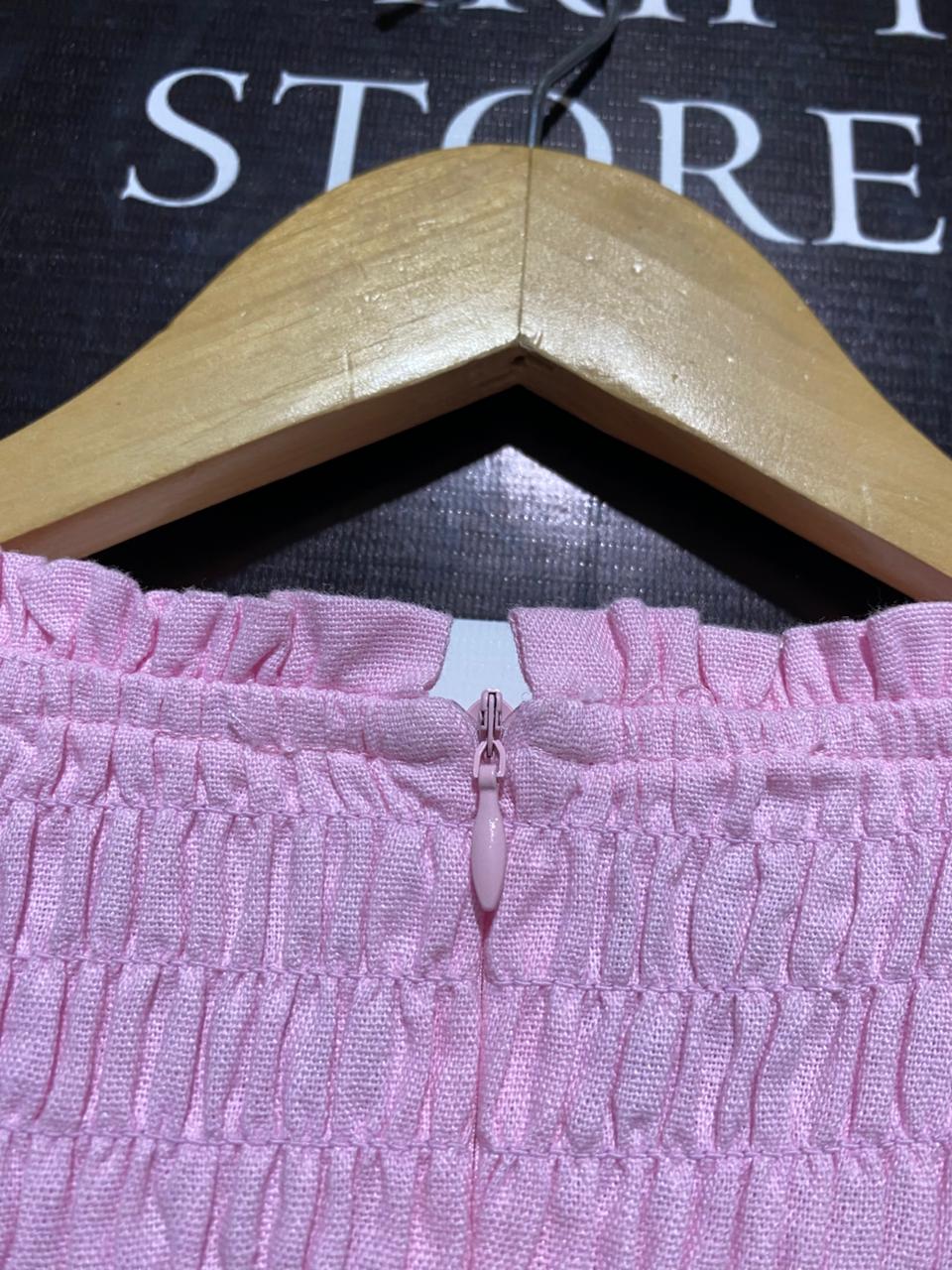 THE FATED |M| BUST 15| PINK SMOCKED PUFF-SLEEVE MIDI DRESS