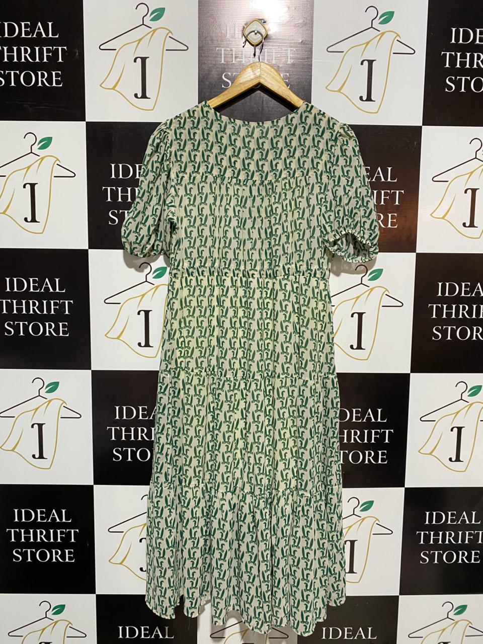SAGE GREEN ABSTRACT PRINT MIDI DRESS |L| BUST 20|