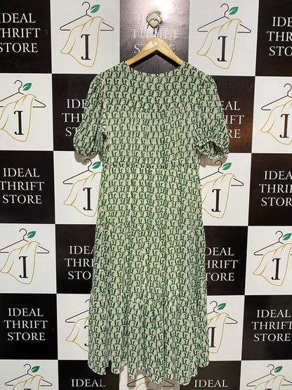 SAGE GREEN ABSTRACT PRINT MIDI DRESS |L| BUST 20|