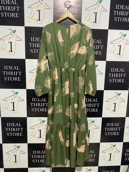 OLIVE GREEN ABSTRACT PRINT MAXI DRESS |L| BUST 18|
