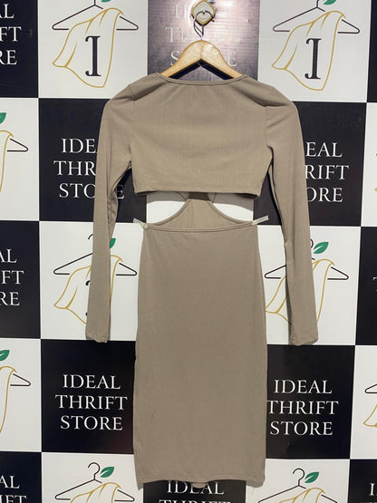 SHEIN |XS| BUST 14| RIBBED TAUPE CUT-OUT FRONT MINI DRESS - LONG SLEEVE TWIST KNOT DETAIL
