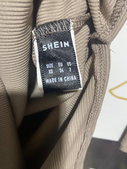 SHEIN |XS| BUST 14| RIBBED TAUPE CUT-OUT FRONT MINI DRESS - LONG SLEEVE TWIST KNOT DETAIL