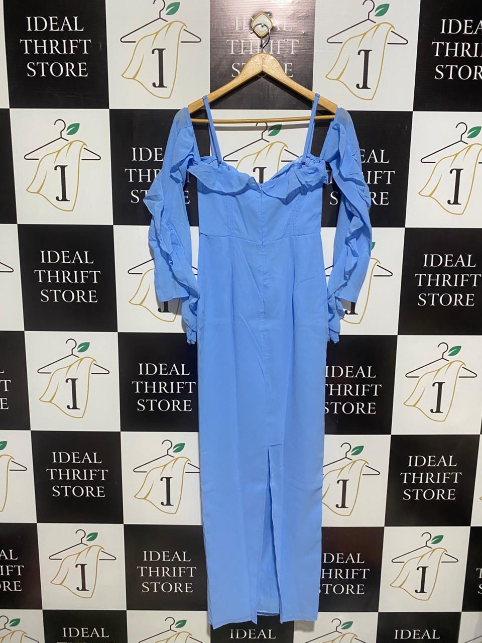 PRETTYLITTLETHING |S| BUST 14|C3| SKY BLUE COLD-SHOULDER RUFFLED MAXI DRESS