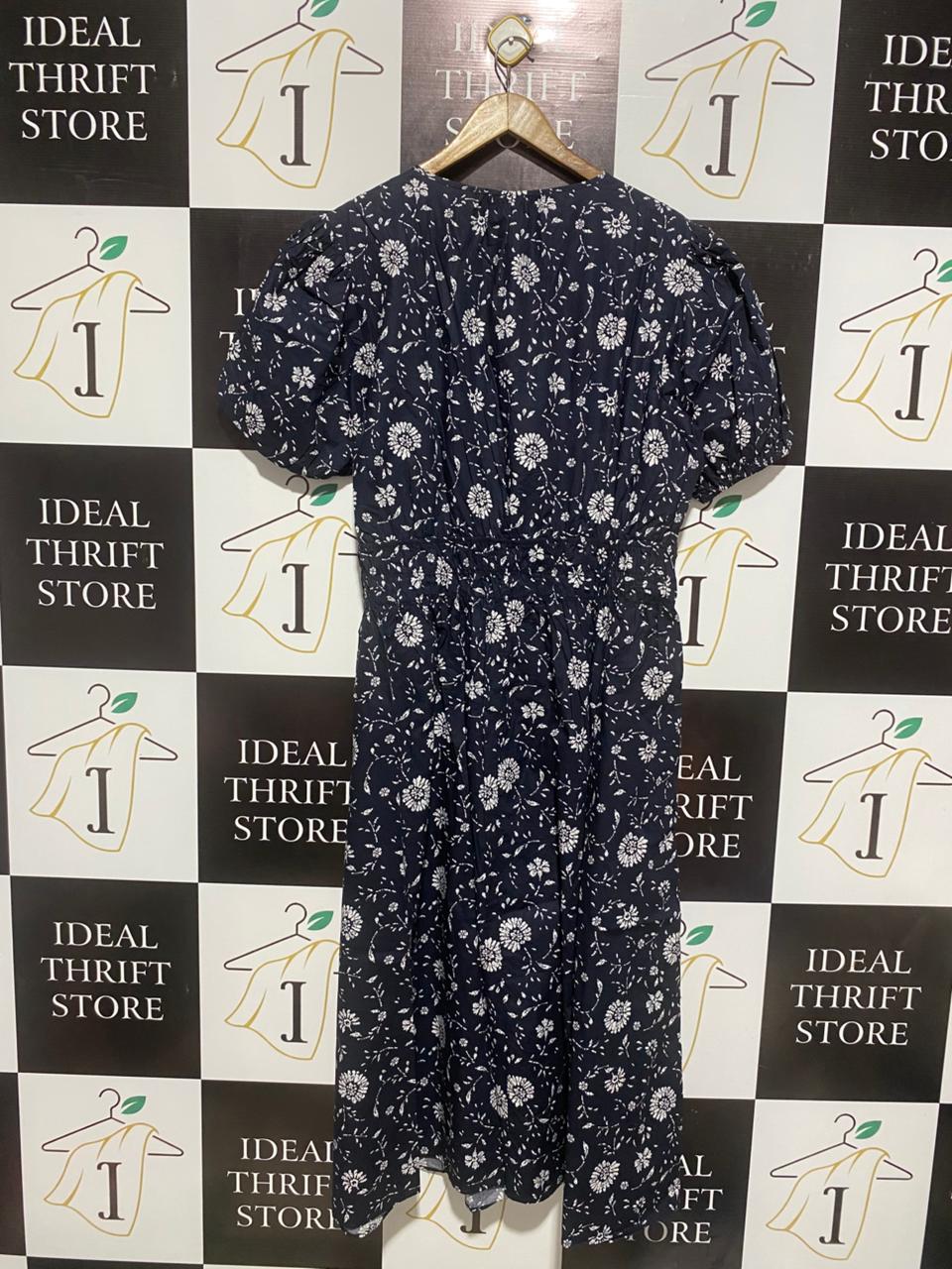BASQUE |XL| BUST 21| NAVY FLORAL PUFF-SLEEVE MIDI DRESS