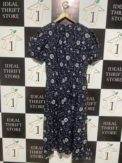 BASQUE |XL| BUST 21| NAVY FLORAL PUFF-SLEEVE MIDI DRESS