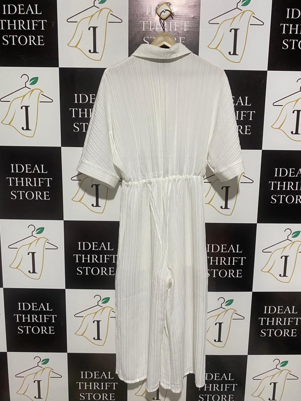 SHEIN |M| BUST FREE| WHITE PLISSÉ BUTTON-FRONT JUMPSUIT