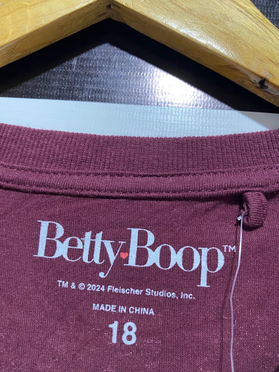 BETTY BOOP |XL| BUST 25| WOMEN’S MAROON OVERSIZED GRAPHIC T-SHIRT