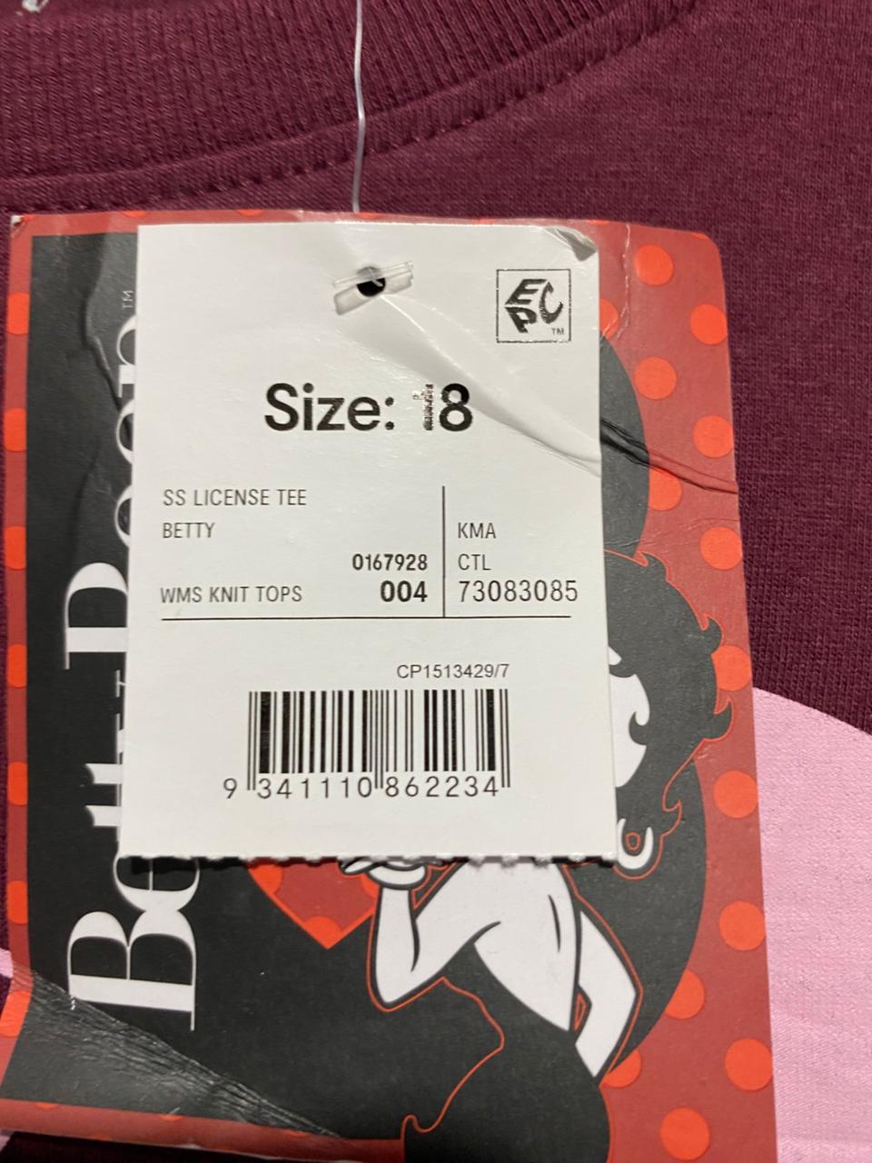 BETTY BOOP |XL| BUST 25| WOMEN’S MAROON OVERSIZED GRAPHIC T-SHIRT