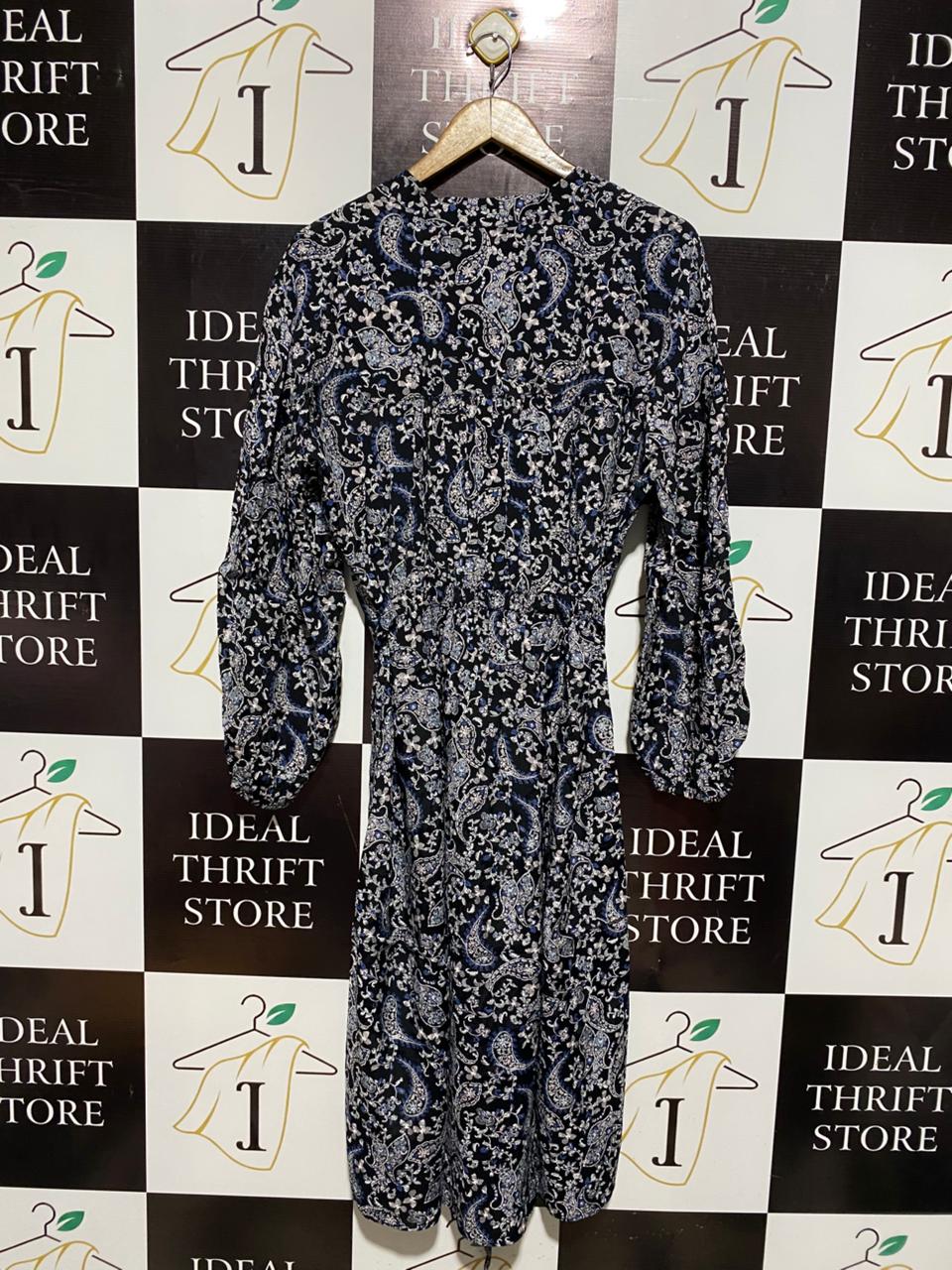 BASQUE |L| BUST 22| C6| WOMEN’S NAVY BLUE AND WHITE PAISLEY PRINT WRAP DRESS - ELEGANT LONG-SLEEVE V-NECK BLOUSE DRESS