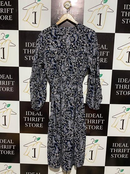 BASQUE |L| BUST 22| C6| WOMEN’S NAVY BLUE AND WHITE PAISLEY PRINT WRAP DRESS - ELEGANT LONG-SLEEVE V-NECK BLOUSE DRESS