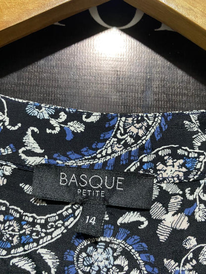 BASQUE |L| BUST 22| C6| WOMEN’S NAVY BLUE AND WHITE PAISLEY PRINT WRAP DRESS - ELEGANT LONG-SLEEVE V-NECK BLOUSE DRESS